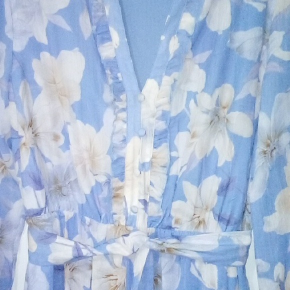 Joie Blue Ruffled V-neck Floral Tie Waist Midi Dress - Picture 4 of 8